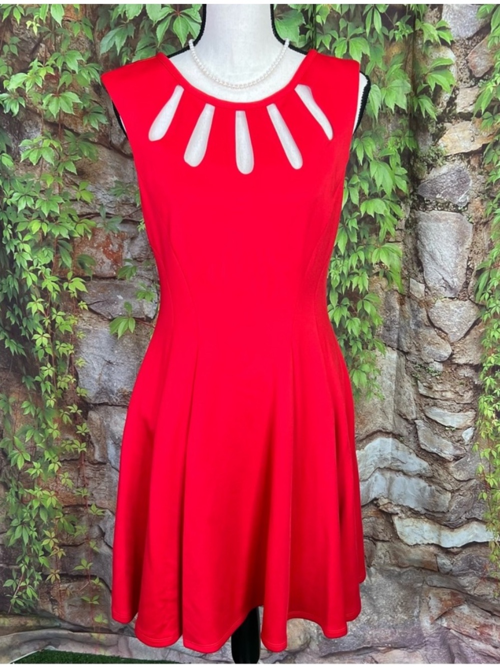BETSEY JOHNSON Red Scuba Fit and Flare Dress with Cut-outs, 8